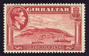 Gibraltar 1938 KGVI 1½d carmine (p14) MNH. SG 123. Sc 109.