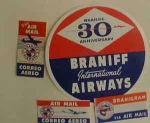 US AIRLINE LABLES BRANIFF, 1 LARGE ,3 SMALL CIRCA 1950'S MINT NH