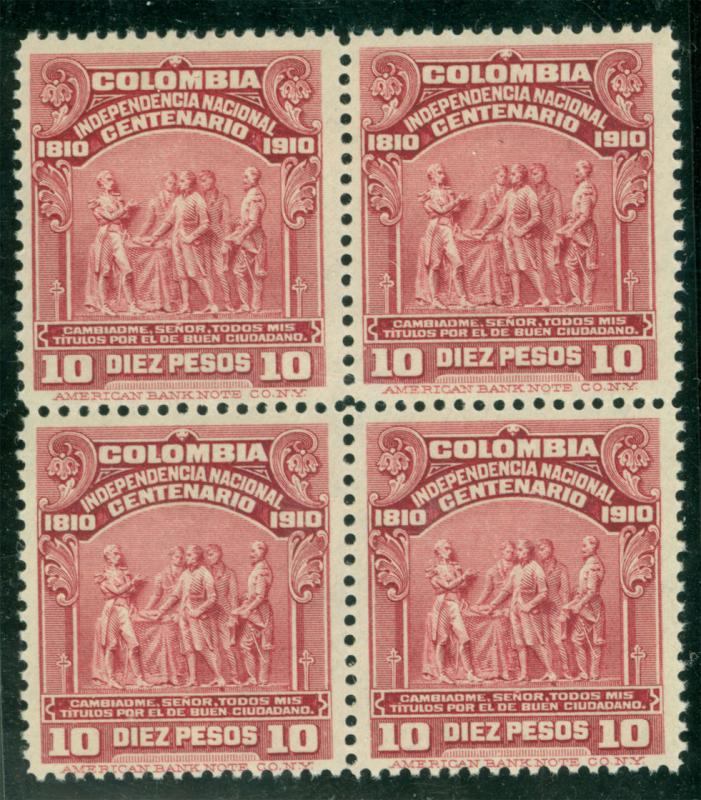 COLOMBIA 1910 Independence Centenary 10Pesos Sc# 338 mint MNH BLOCK of 4