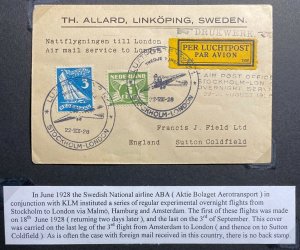 1928 Stockholm Sweden KLM First Night Flight  Airmail Cover To London England