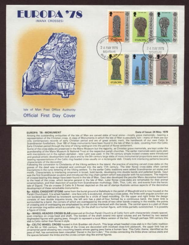 Isle of Man # 131 - # 136 EUROPA 78 Gravestones FDC