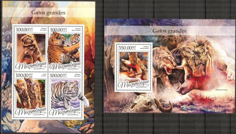 Mozambique 2016 Wild Cats Lions Tigers Leopards Sheet + S/S MNH