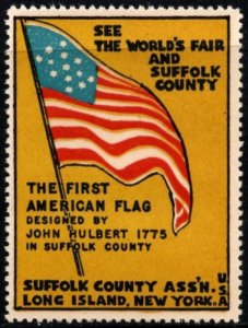 1939 US Poster Stamp Visit Suffolk County Long Island NY First American Flag