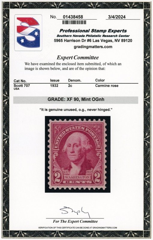 US Stamp #707 Washington 1-1/2c - PSE Cert - XF 90 - MNH - SMQ $25.00