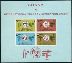 Ghana 207a sheet,MNH slightly folded.Michel Bl.17. ITU-100,1965.Emblem,flag.