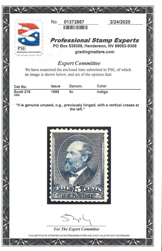 216 Mint,OG,XLH... PSE Cert... SCV $200.00