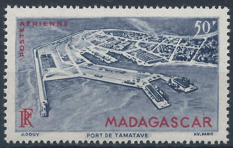 MADAGASCAR 1946 SG315 50f blue red Aerial view of Port of Tamatave Air Mint MNH