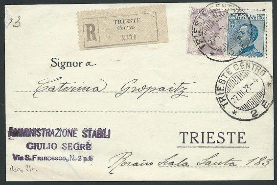 ITALY 1923 Registered postcard used within TRIESTE.........................43650