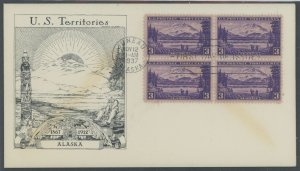 US 800 1937 Alaska 3c, block of 4 on unaddressed FDC with an Historic Arts/Gilbert Cachet