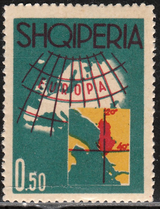 ALBANIA 630, MAP OF EUROPE AND ALBANIA. UNUSED, H OG. VF. (306)