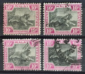 Malaya Federated Malay States FMS 1904-14 Tigers 10c Varieties&Shades SG#43+Used