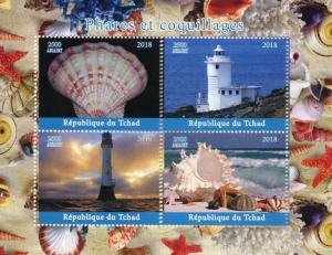 Chad 2018 CTO Lighthouses & Seashells 4v M/S Shells Marine Architecture Stamps