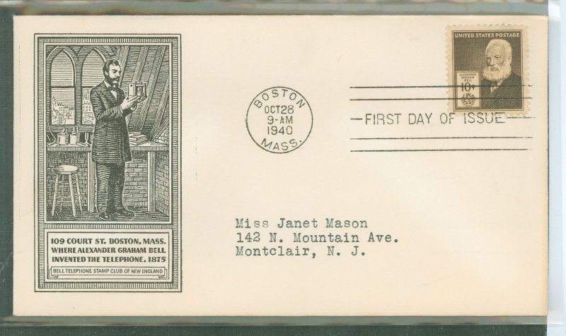 US 893 1940 10c Alexander Graham Bell single on an addressed firist day cover with a Bell Telephone stamp club (1st) cachet.