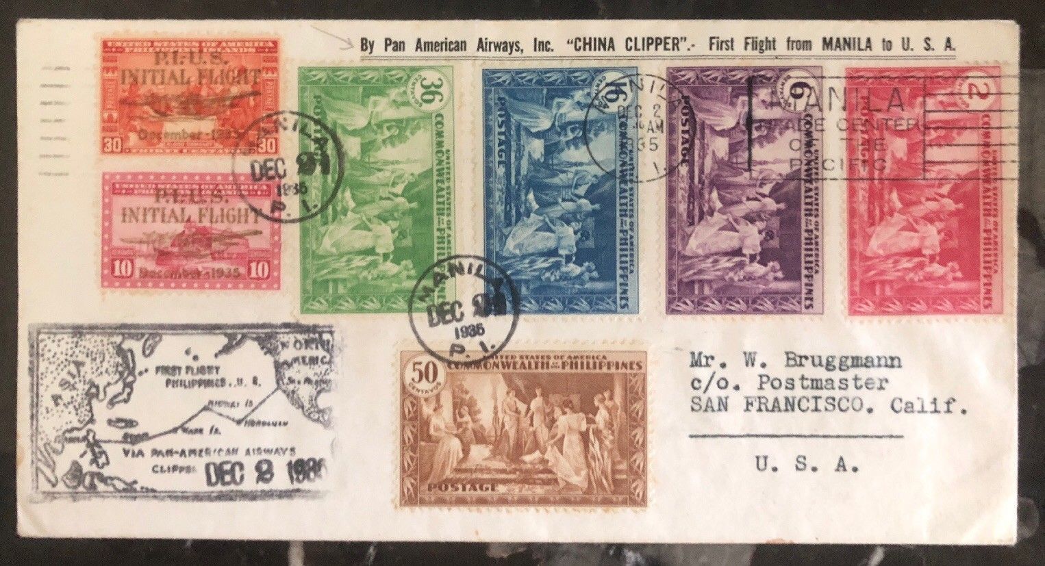 1935 Manila Philippines First Flight Cover To San Francisco USA China ...