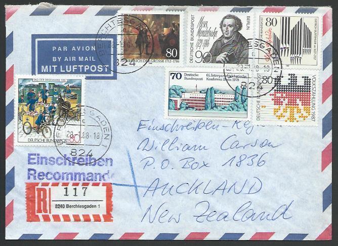 GERMANY 1988 Registered airmail cover to New Zealand - nice franking.......11264