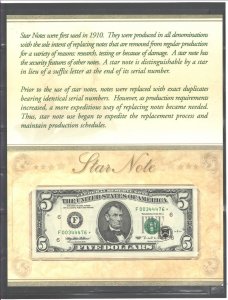 USA $5 STAR NOTE, ATLANTA, SERIAL F00344476*+F0034477* ONLY 364,000, GREEN SEAL