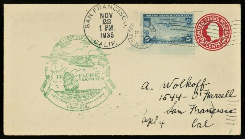 C20 Clipper 25c Airmail First Day Cover 1935 San Francisco to Hawaii FAM 14