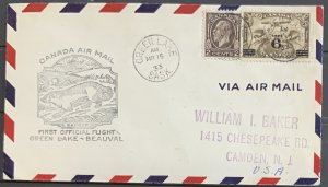 CANADA 1933 FIRST FLIGHT.. GREEN LAKE TO BEAUVAL WITH SG318 (cat £25)