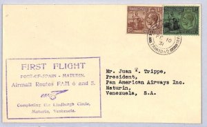 TRINIDAD & TOBAGO Air Mail FIRST PAN-AM FLIGHT VENEZUELA Maturin 1931 ZC146 