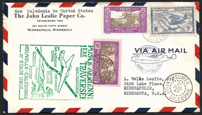 Doyle's_Stamps: Sharp PanAm Clipper First Flight Cover New Caledonia to USA