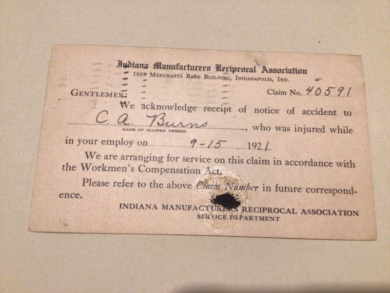 United States Indiana Manufacturers Reciprocal Associatio 1922 postal card 66999