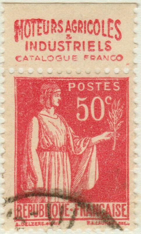 FRANCE - 1933 pub BERNARD MOTEURS (Moteurs...) sur Yv.283c 50c Paix t.IIA (A1)