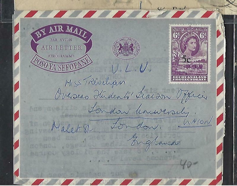 BECHUANALAND  COVER (P1211B) 1961 QEII AEROGRAM 5C/6D COW FRANCISTOWN TO UK