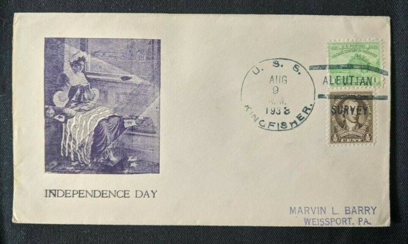 1938 USS Kingfish Submarine US Navy Cover Aleutian Survey Weissport PA