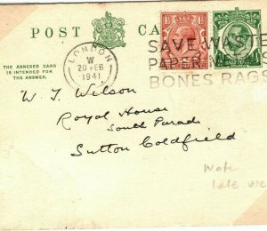 GB KGV Stationery Reply Card Downey Late Use 1941 WW2 London {samwells} 40d.13