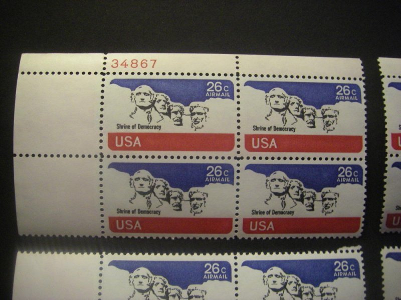 Scott C88, 26c Mt Rushmore, PB4 #34867 x4, Matched Set, MNH Airmail Beauties