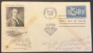 FORT DUQUESNE #1123 NOV 25, 1958 PITTSBURGH, PA FIRST DAY COVER (FDC) BX5