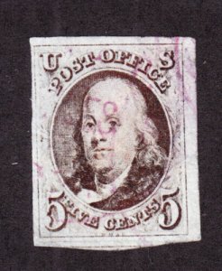 US 1 5c Franklin Used 4 Margins w/ Late Magenta/Violet Cancel SCV $700-$1400 