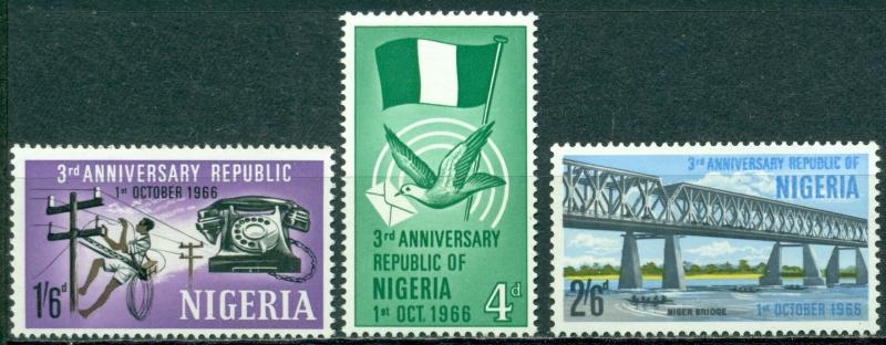 Nigeria Scott #201-203 MNH Republic 3rd Ann Flag Dove Bridge Telephone $$