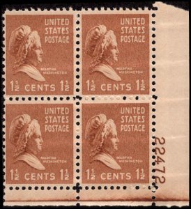 US #805 1 1/2¢ MARTHA WASHINGTON MNH LR PLATE BLOCK #22472 DURLAND .50¢