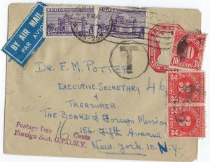 INDIA US 1940s AIR MAIL TWO ANNAS UPRATED 12 ANNAS & T POSTAGE DUE 16 CENTS NY