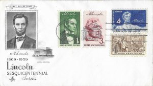 1959 FDC, #1113-1116, 1c-4c Abraham Lincoln, Art Craft - combo
