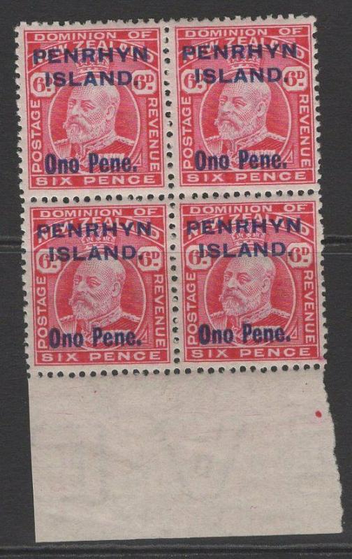 PENRHYN ISLAND SG22 1914 6d CARMINE MNH BLOCK OF 4