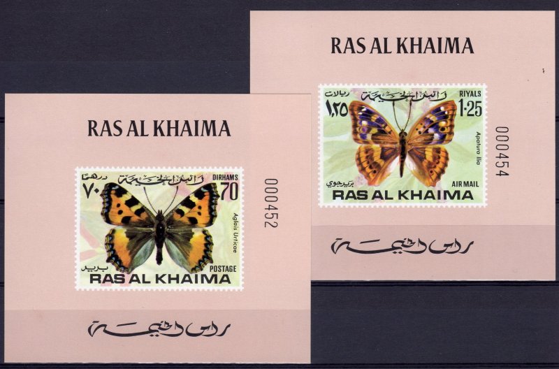 Ras al-Khaima 1972 Mi#614B/619B  BUTTERFLIES 6 Deluxe S/S Figurate perforation