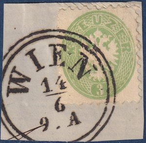 Austria - 1864 - Scott #23 - used on piece - WIEN 2-ring pmk