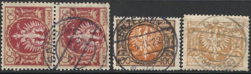 POLAND 1921-23 Eagle Issue, 3 Diff. Used Complete Town Cancels, postmarks, VF