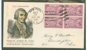 US 795 1937 3c Northwest Territory (ordinance of 1787) block of 4 on an addressed FDC with a New York,NY cancel and a Linprint c