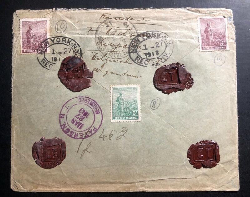 1912 Cordoba ARGENTINA Registered Cover To  Paterson NJ USA Back Wax Seal
