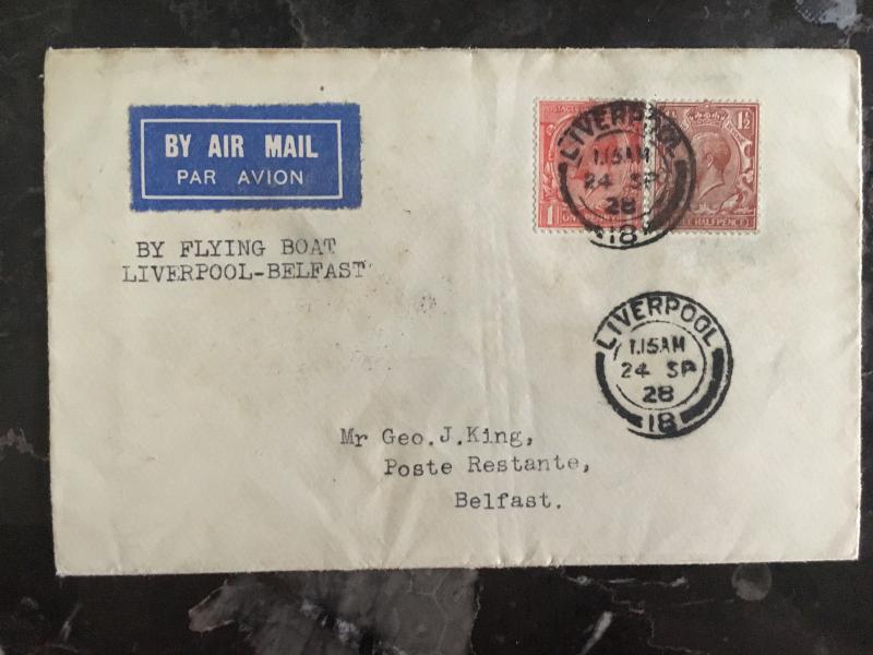 1928 England Flying Boat Calcutta Cover Experimental airmail Liverpool Belfast 