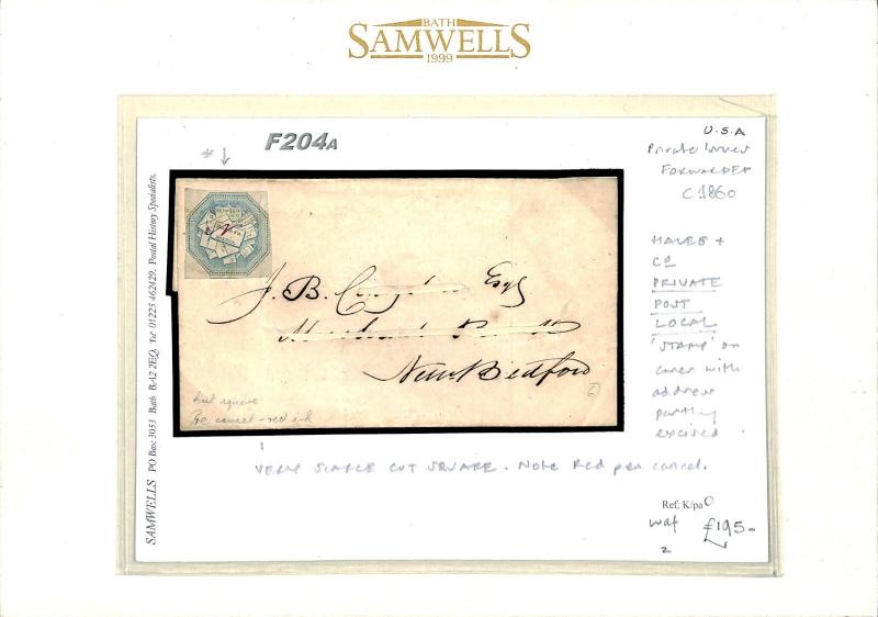 USA Cover LOCAL POST Private Issues *HALES + Co* Cut Square c1860{samwells}F204a