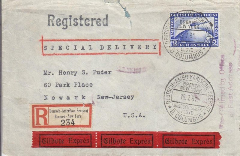 1931, Registered, Special Delivery, Deutsch-American Seepost, See Remark (28495)