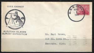 US 1934 ALEUTIAN ISLANDS US EXPEDITION POSTED ABORD STEAMSHIP USS GANNET TO