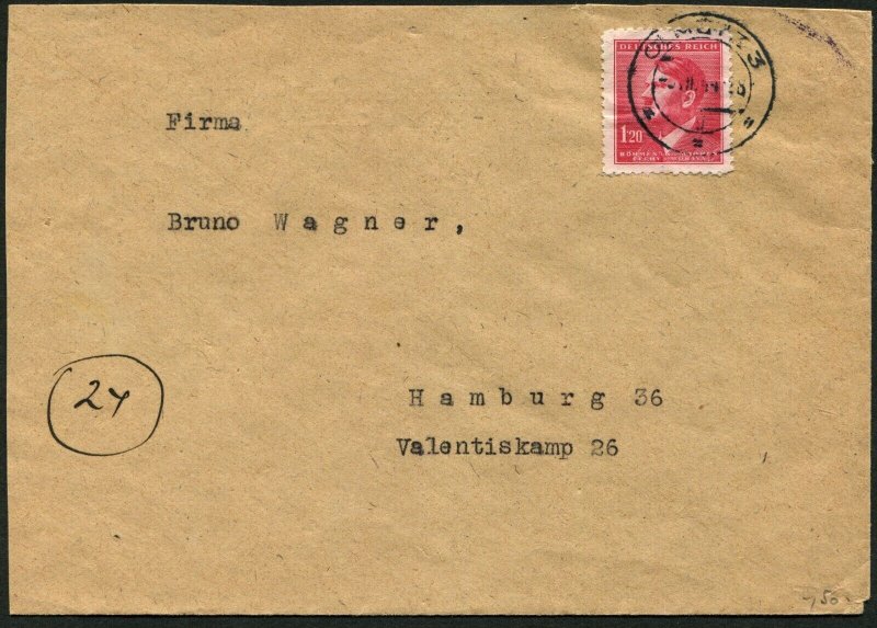 Olmütz Olomouc Czechoslovakia German Occupation 1944 Cover to Hamburg WWII