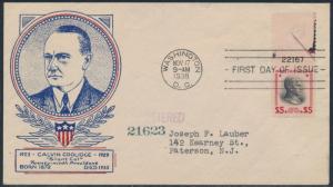 #833  ON WSE / CLIFFORD FDC COOLIDGE CACHET SINGLE PLATE NO. CV $300 BS8561