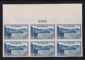 1935 Crater Lake 6c blue Sc 761 FARLEY imperforate plate block NGAI (P6