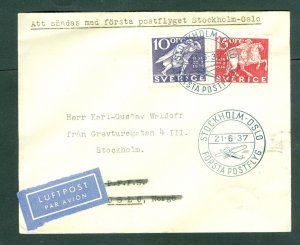 Sweden. 1937 F. Flight Cover Stockholm- Oslo, Norway.  Sc # 252-253. Adr:Sweden